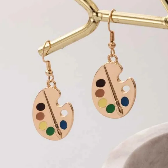 Artist Paint Palette Earrings Gold Tone Dangle Drop Earrings - Picture 2 of 6